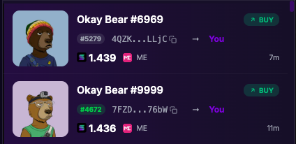 A digital marketplace interface showing listings for 'Okay Bear #6969' and 'Okay Bear #9999' with prices around 1,436-1,439 and 'You' marked as the owner.