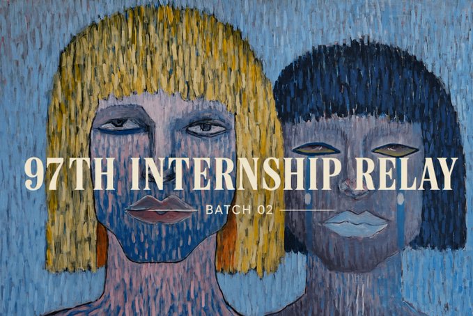 An artistic painting featuring two stylized figures with blue-toned faces, one with yellow hair and the other with dark hair, overlaid with the text "97TH INTERNSHIP RELAY BATCH 02".