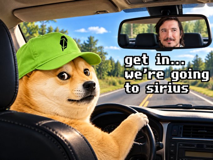 A Shiba Inu dog wearing a green cap sits behind the steering wheel of a car, with a meme-like caption reading "get in... we're going to sirius." The rearview mirror reflects a man resembling Vlad Tenev, tying into the post's reference to Captain Vlad Tenev and the Doge Star Sirius.