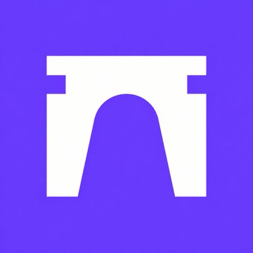 A minimalist white logo resembling a stylized building or arch shape set against a solid purple background.