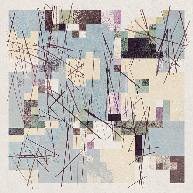 An abstract artwork featuring pixelated pastel color blocks in blue, beige, and pink tones, overlaid with chaotic dark line scribbles.