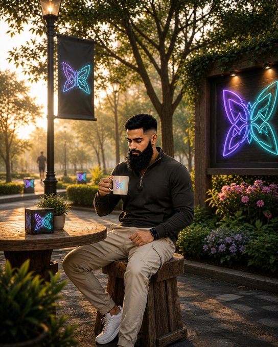 A bearded man sits on a wooden stool in a park, drinking from a mug, surrounded by neon butterfly logos and matching illuminated signage.