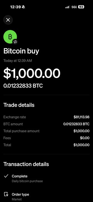 A mobile screenshot of a Bitcoin purchase confirmation showing "$1,000.00" for "0.01232833 BTC" at an exchange rate of "$81,113.98", marked as "Complete".