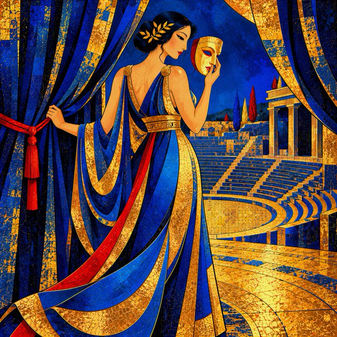 A stylized artwork depicting a woman in an elegant blue and gold Greek-style dress with a laurel wreath in her hair and a Greek key pattern on her belt, holding a golden theater mask as she looks out over an ancient amphitheater.