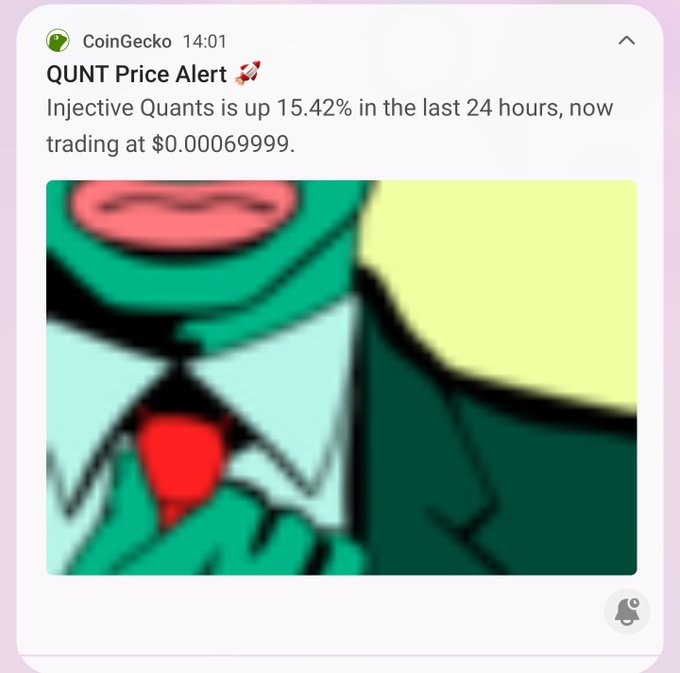 A CoinGecko price alert notification for QUNT (Injective Quants), showing it is up 15.42% and trading at $0.00069999, accompanied by a meme image of Squidward from SpongeBob.