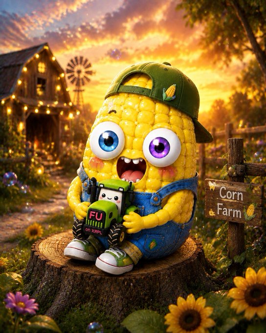A 3D-rendered cartoon character resembling a corn cob with large mismatched eyes, wearing a green cap and denim overalls, sitting on a tree stump next to a 'Corn Farm' sign at sunset.