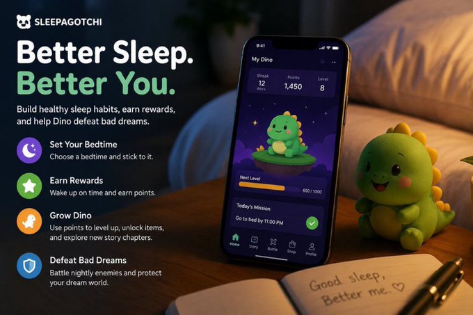 The image features a cell phone with an app called "Better Sleep" displayed on its screen. The app appears to be designed for children or young people who want to improve their sleep habits, as indicated by the text on the screen that reads "Build healthy sleep habits, earn rewards and help your child defeat bad dreams". The phone is placed on a bed with white sheets, which further emphasizes the focus on sleep and relaxation.