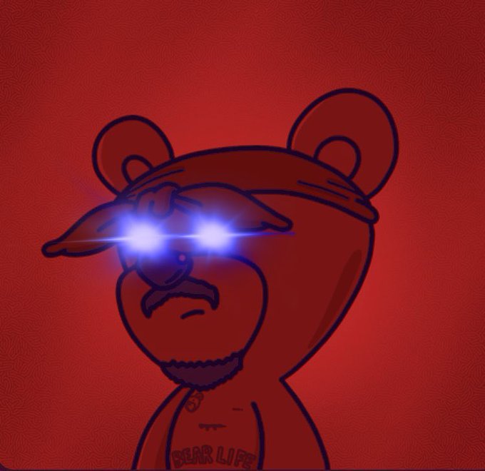 A cartoon teddy bear character with glowing purple laser eyes against a dark red background, wearing a shirt with the text 'BEAR LIFE'.