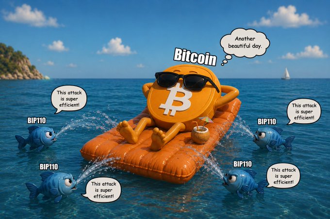 A cartoon Bitcoin mascot wearing sunglasses lounges contentedly on a pool float in the ocean, saying "Another beautiful day," while four blue fish labeled "BIP110" ineffectually squirt water at it, each declaring "This attack is super efficient!"—illustrating the post's point that BIP110 was so poorly conceived it failed to harm Bitcoin even as it tried to attack.