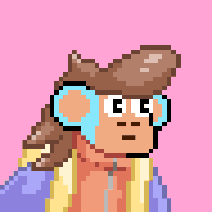 A pixel art portrait of a character with brown hair, large blue headphones, and a yellow and orange jacket against a pink background.