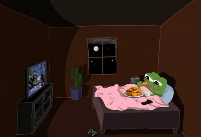An animated scene shows the Pepe the Frog character relaxing in bed under a pink blanket, eating fried chicken on a plate while watching television in a dimly lit room with a moonlit window.