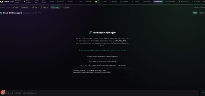 A dark-themed chat interface for a 'Robinhood Chain agent' under the user 'Clawd', displaying pre-set queries like 'What's the latest block on Robinhood Chain?' and an ETH balance check for the launchpad contract.