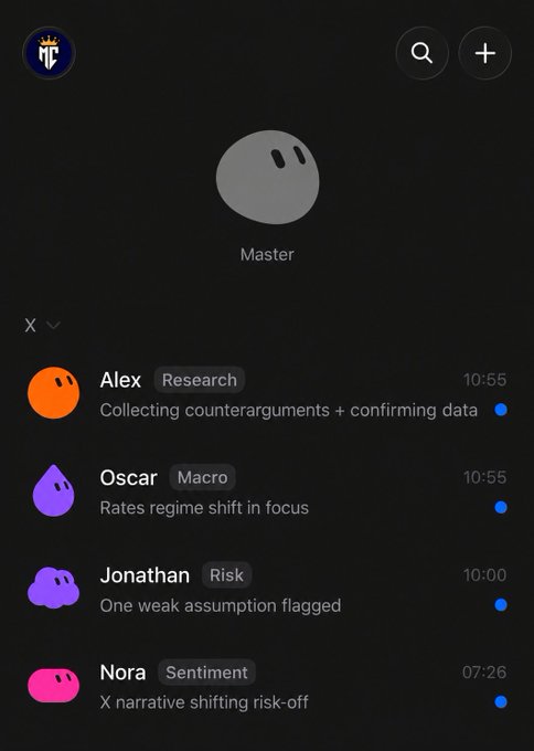 A dark-themed chat application interface titled 'Master' showing four AI assistant messages from 'Alex Research', 'Oscar Macro', 'Jonathan Risk', and 'Nora Sentiment' discussing research, rates, risk assumptions, and sentiment analysis.