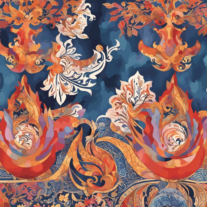 A vibrant batik-style artwork featuring intricate ornamental motifs in fiery orange, red, and white tones set against a deep blue background, reflecting the traditional Indonesian cultural patterns referenced in "D'Batik Story Truntum #4." The flowing, flame-like designs and decorative floral elements evoke the rich heritage of Indonesian batik artistry celebrated in the NFT piece on OpenSea.