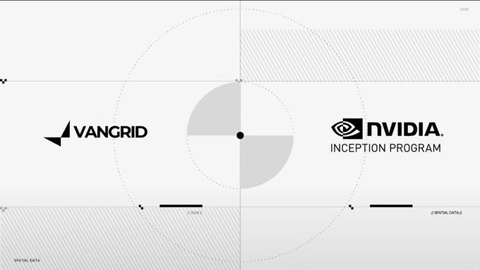 The image displays a stylized graphic featuring the "VANGRID" logo on the left alongside the "NVIDIA INCEPTION PROGRAM" logo on the right, set against a geometric background with dotted circular lines, quadrant markers, and digital grid patterns. This visual ties to the post by highlighting Vangrid's collaboration or association with NVIDIA's Inception Program as they discuss the physical AI needs of reasoning and perception.