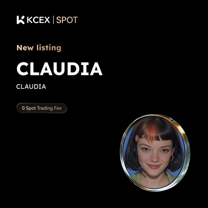 A dark promotional graphic from KCEEX SPOT announces a 'New listing' for 'CLAUDIA' with '0 Spot Trading Fee' next to a circular portrait of a woman with short brown hair and bangs.
