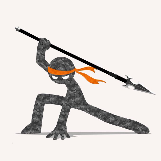 A stylized illustration of a ninja-like stick figure character in a camouflage pattern wielding a polearm, with an orange blindfold or headband flowing behind.