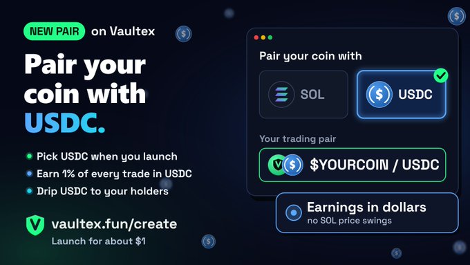 A promotional graphic for Vaultex announcing 'NEW PAIR on Vaultex', showing how to 'Pair your coin with USDC' at vaultex.fun/create.