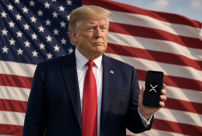 A man resembling Donald Trump stands before an American flag holding a smartphone displaying the X (formerly Twitter) logo.