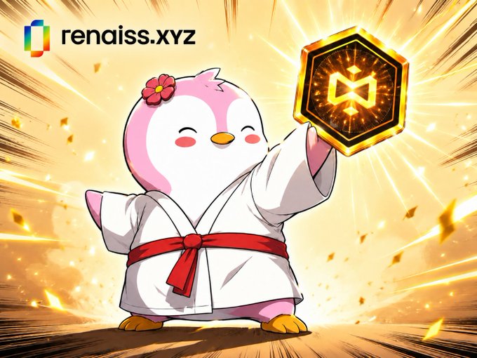 The image features a cartoon penguin dressed in traditional Japanese clothing, holding up a golden coin with both hands. The background shows a bright yellow explosion, which adds to the overall visual appeal of the scene. The caption at the bottom of the image reads "YZi Labs AMA SBT Acquisition Complete! It'S the SBT commemorating participation in the YZi Labs AMA held on May 18th. This SBT is a special participation badge issued to users who joined the @renaissxyz and YZi Labs AMA together."