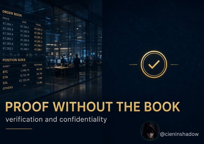 A promotional graphic titled 'PROOF WITHOUT THE BOOK' with the subtitle 'verification and confidentiality', featuring an order book and position sizes for crypto assets like BTC, ETH, and SOL, watermarked with @cieninshadow.