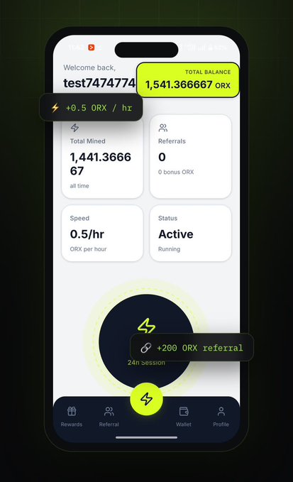 A smartphone screen displays the OrexNetwork mobile mining app interface, showing a total balance of 1,541.366667 ORX with a mining speed of 0.5/hr, 1,441.36667 ORX mined all time, an active status, and a referral bonus of +200 ORX awarded for a 24-hour session. The interface visually reinforces the post's pitch of "no PC, no GPU, no bills" mining via phone, highlighting the active 24-hour mining session and referral incentive system.