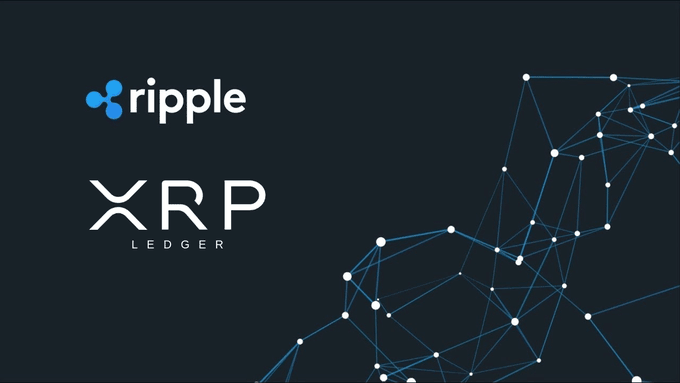 A graphic displaying the 'ripple' and 'XRP LEDGER' logos on a dark background with a white geometric network design.