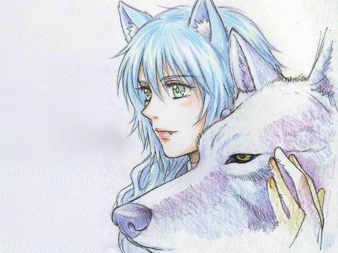 A colored pencil illustration shows an anime-style character with blue hair, animal ears, and green eyes, tenderly holding a white wolf with yellow eyes.