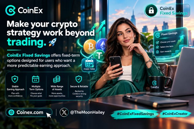 A CoinEx promotional banner advertising 'CoinEx Fixed Savings' with the tagline 'Make your crypto strategy work beyond trading,' featuring a woman holding a smartphone.
