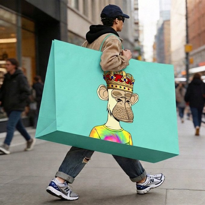 A person walking down a city street carrying a large mint-green tote bag featuring an illustration of a Bored Ape Yacht Club NFT monkey wearing a crown and tie-dye shirt.