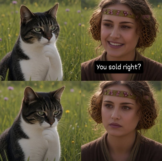 A four-panel meme featuring a tabby cat and a curly-haired woman with a beaded headband; one panel contains the text 'You sold right?' as the woman smiles, then appears concerned in subsequent panels.