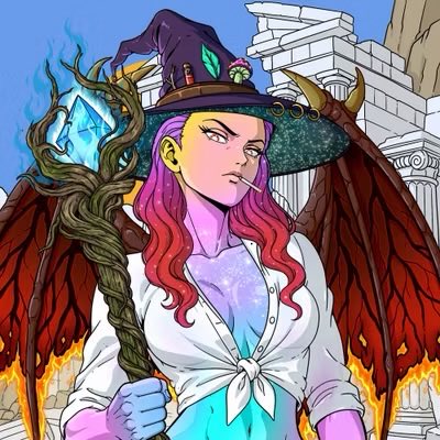 An anime-style illustration depicts a purple-skinned witch with red wings, a pointed hat, and a staff, holding a lollipop in her mouth.