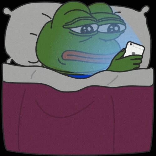 A Pepe the Frog meme showing the character lying in bed with tears in his eyes, looking sadly at an iPhone.