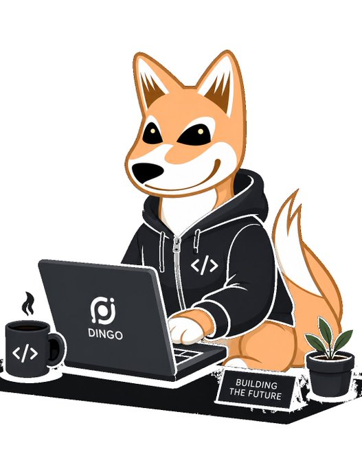 A cartoon illustration of a Shiba Inu dog wearing a black hoodie with a '</>' logo, sitting at a laptop with a coffee mug and a sign reading 'BUILDING THE FUTURE' from DINGO.