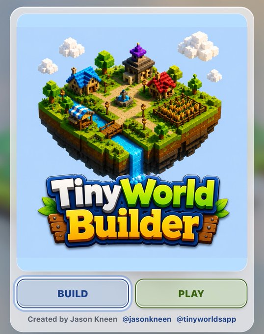 The image features a poster for a video game called "Tiny World Builder", which appears to be a Minecraft-inspired game. The poster showcases an island with buildings, trees, and other elements of the game's environment. The text on the poster indicates that the game is available for both desktop and mobile devices, as well as in various languages including English, Spanish, French, Italian, German, and Chinese.