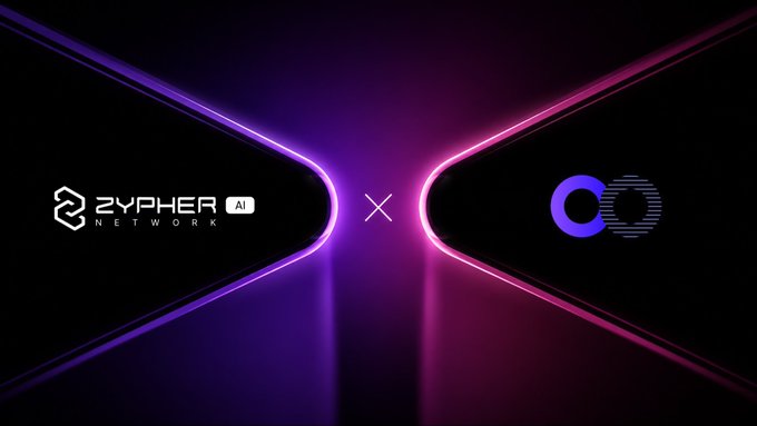 A dark, neon-lit promotional graphic displays the logos of "ZYPHER NETWORK AI" and "Astarter" (represented by a stylized "C") separated by a pink "X," visually symbolizing their partnership to combine Zypher's verifiable AI with Astarter's on-chain execution infrastructure.