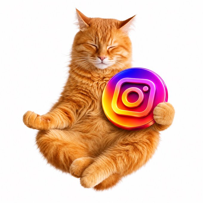 An orange tabby cat sitting contentedly with closed eyes while holding a colorful Instagram logo badge against a white background.