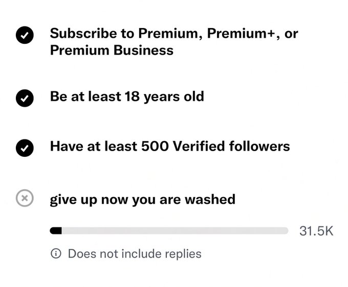 A Twitter/X verification requirements checklist showing requirements to subscribe to Premium, be at least 18 years old, and have at least 500 verified followers, with a humorous 'give up now you are washed' next to a follower count of 31.5K.