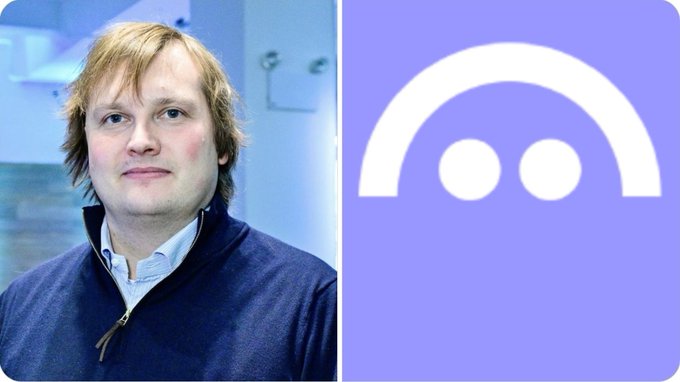 The image shows a man with reddish-blonde hair wearing a navy blue sweater alongside the Aave logo (a stylized white headset design on a purple background), visually representing the Aave founder referenced in the post about the company's refusal to sell AAVE tokens at a 70% discount.