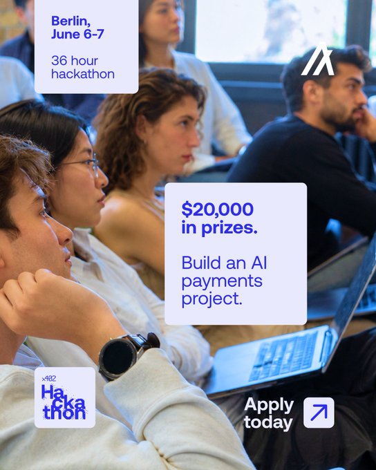 The image shows a poster for an upcoming event at Berlin, Germany, where people will be sitting down with their laptops and participating in a 36-hour hackathon. They will be working on building an AI payments project that promises $20,000 as part of the prizes. The poster also includes text that encourages attendees to apply by clicking "Apply today" and providing details about the event's location, which is Berlin Zoo.