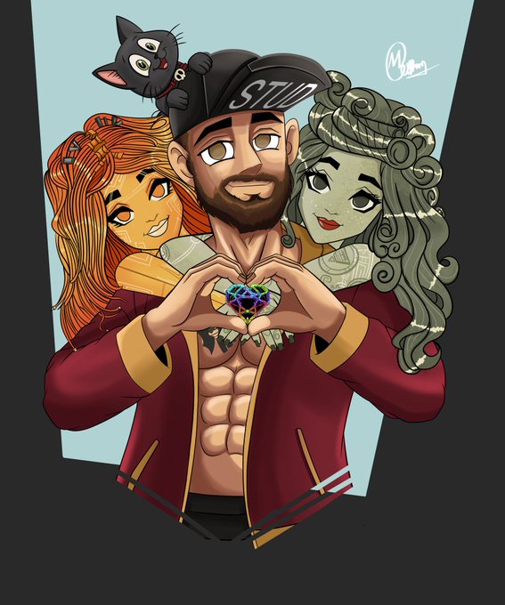A bearded man in a maroon jacket forms a heart with his hands around a colorful geometric symbol, flanked by an orange-skinned woman with red hair and a green-skinned woman with serpentine hair, while a small black cat wearing a "STU" cap perches on his head. The artwork showcases the artist's portraiture skills with multiple characters in a vibrant, stylized composition, celebrating their debut MetaVixensNFT release.