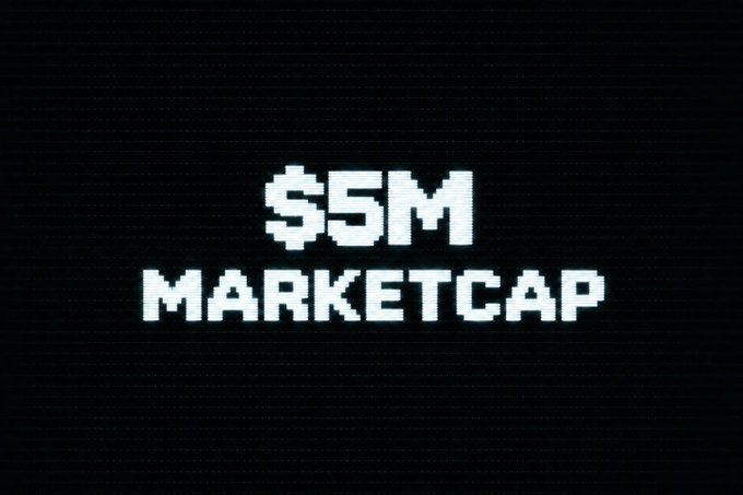 The image displays pixelated white text on a black background reading "$5M MARKETCAP," visually celebrating the $5 million United States Dollars milestone referenced in the post about the $KNOTS token.