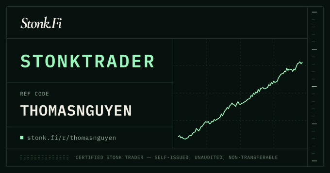 A dark-themed "Stonk.Fi" certificate graphic displaying "STONKTRADER" with the referral code "THOMASNGUYEN" and a link "stonk.fi/r/thomasnguyen," alongside an upward-trending green line chart. It serves as a personalized referral promo for the Stonk.Fi trading launch, matching the post's call-to-action to join via the shared code.