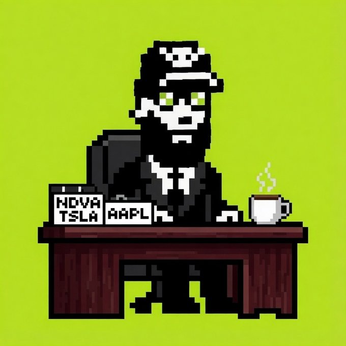 A pixel art illustration of a bearded character at a desk with a steaming coffee mug and a sign listing tickers "NOVA," "TSLA," and "AAPL" against a bright green background.