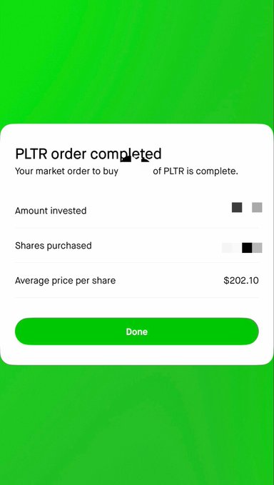 A Robinhood app screenshot confirming a completed market order to buy shares of PLTR at an average price of $202.10.