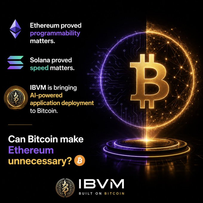 A promotional graphic for IBVM with the tagline 'Built on Bitcoin,' discussing Ethereum, Solana, and asking 'Can Bitcoin make Ethereum unnecessary?'