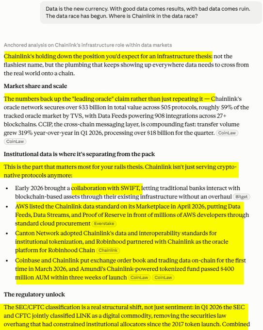 A text analysis highlighting information about Chainlink's infrastructure role, noting its oracle network secures over $33 billion across 505 protocols, with 59% market share by TVS, and mentioning partnerships with SWIFT, AWS, Canton Network, Robinhood, and Coinbase.