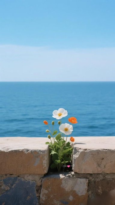A scenic photograph of a small bouquet of white and orange flowers placed on a stone wall, with the blue ocean and a clear sky in the background.