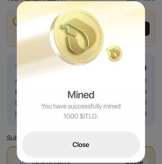 A mining app notification displays "Mined - You have successfully mined 1000 $ITLG" with a golden coin graphic and Close button. This relates to the post questioning Interlink's valuation, as the user mined 1000 ITLG and is curious how that amount equates to the claimed 1 $ITLG = 2000 rate.