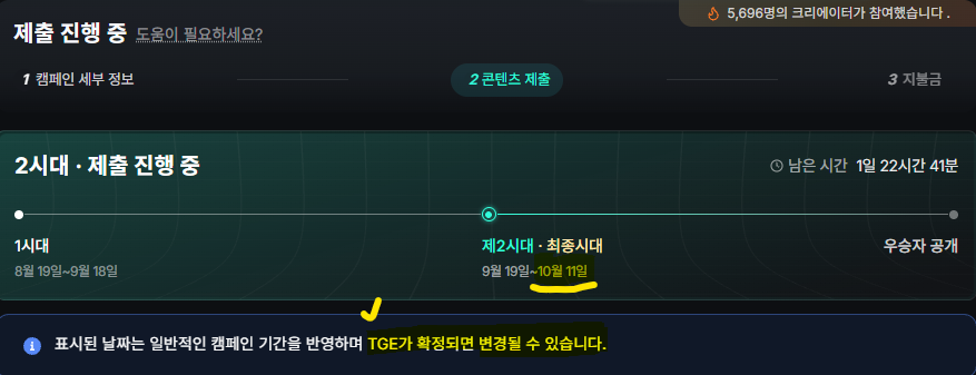 A Korean cryptocurrency token generation event page displaying a timeline showing phases including 캠페인 세부 정보, 콘텐츠 제출, and 차불금, with highlighted dates '제2시대' (9월 19일~10월 11일) and a note about TGE determination.